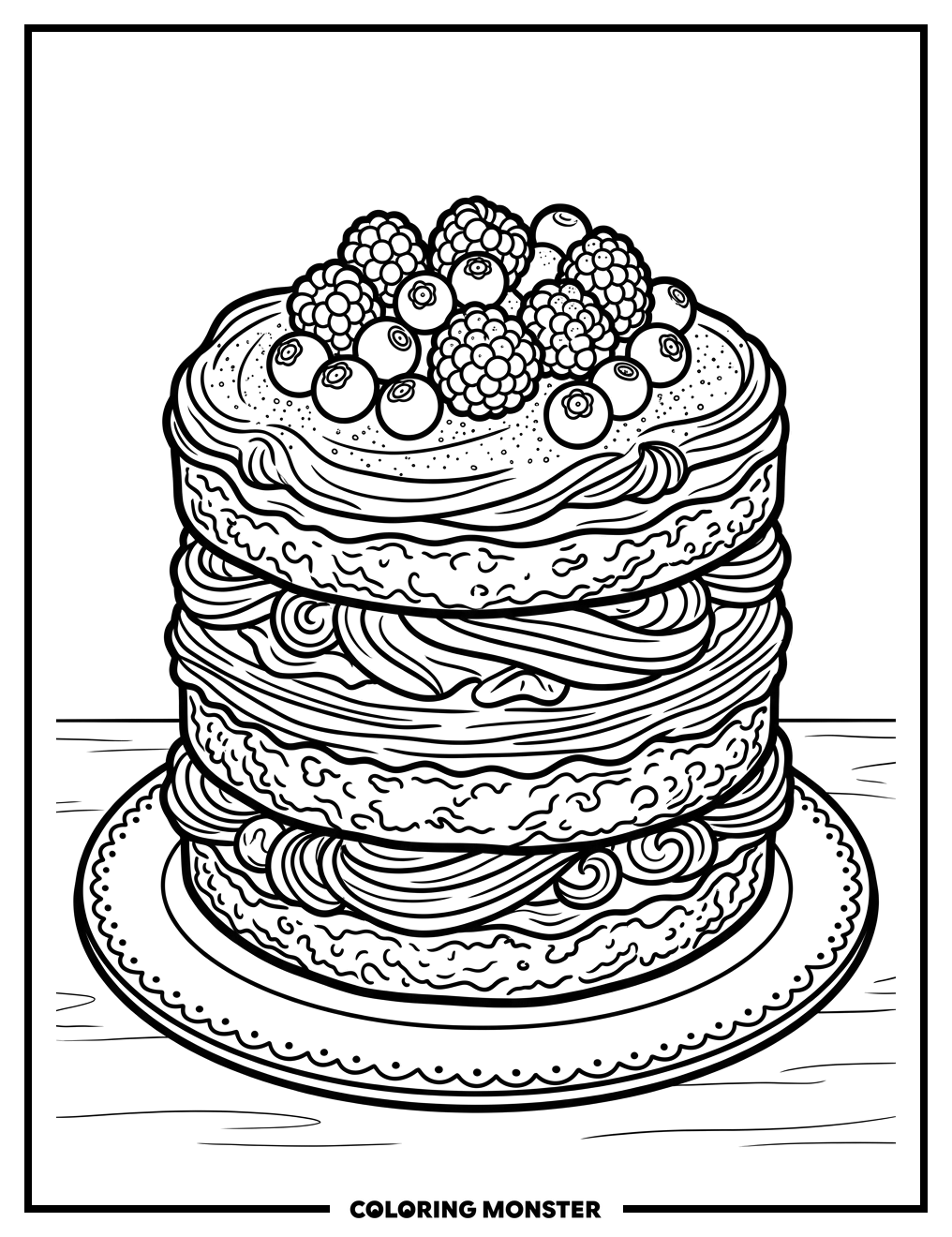 Chocolate Cake with Berries Coloring Page