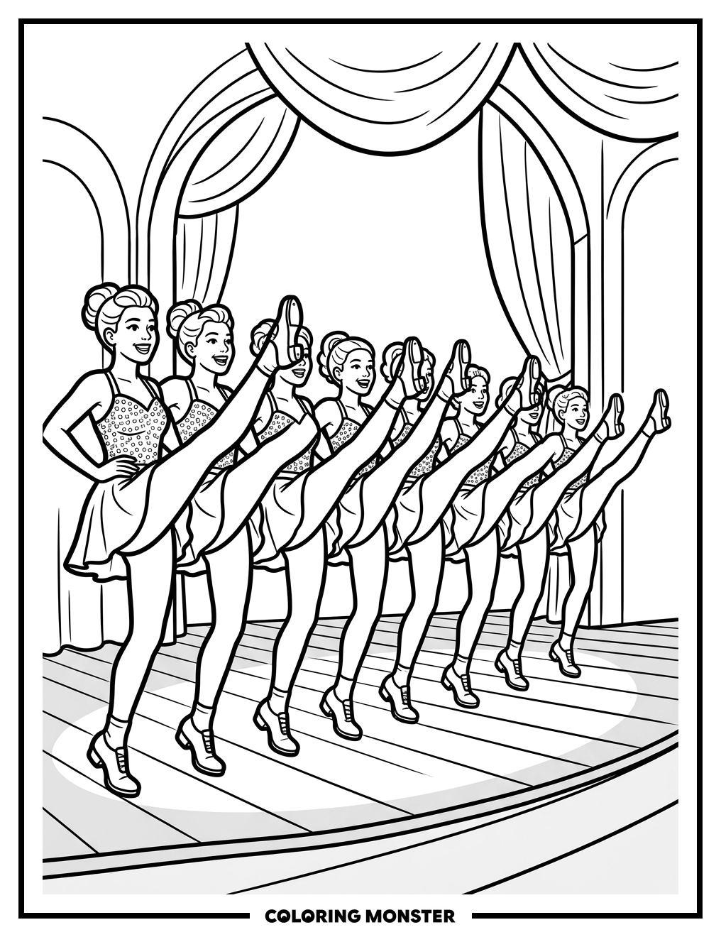 Chorus Line Dancers Performing Coloring Page