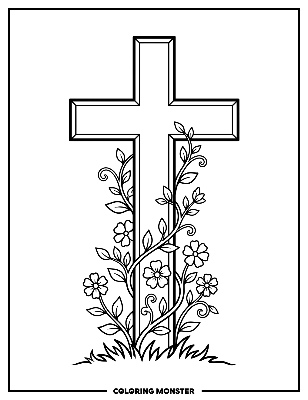Christian Cross with Floral Vines Coloring Page