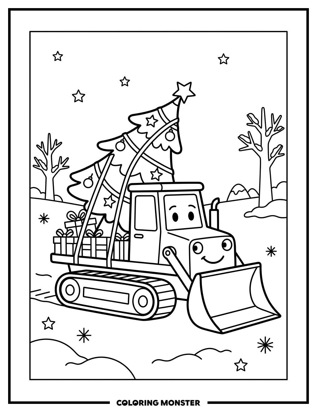 Christmas Bulldozer with Presents Coloring Page