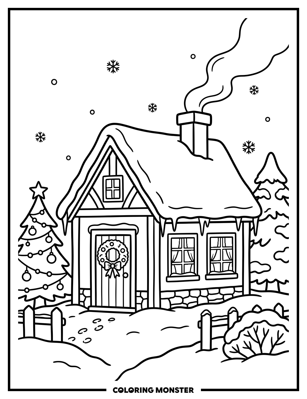 Christmas Cottage Scene Coloring Page