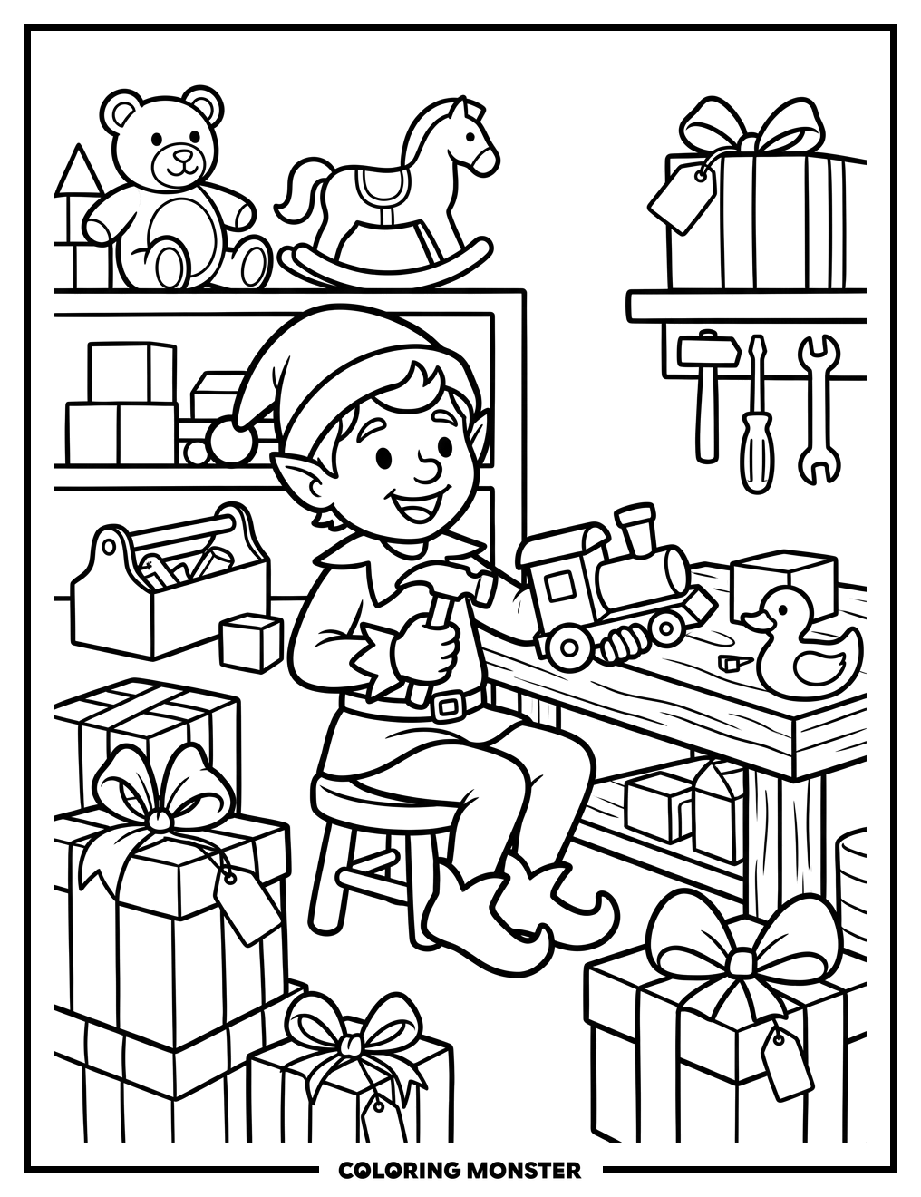Christmas Elf Working In Workshop Coloring Page