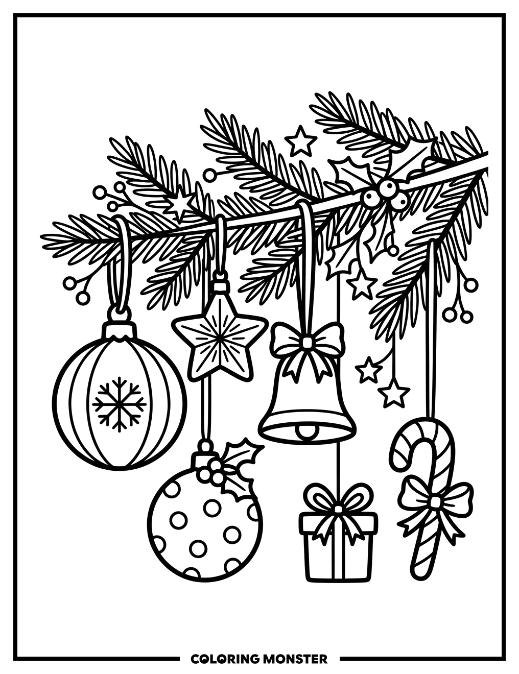 Christmas Ornaments on Tree Branch Coloring Page