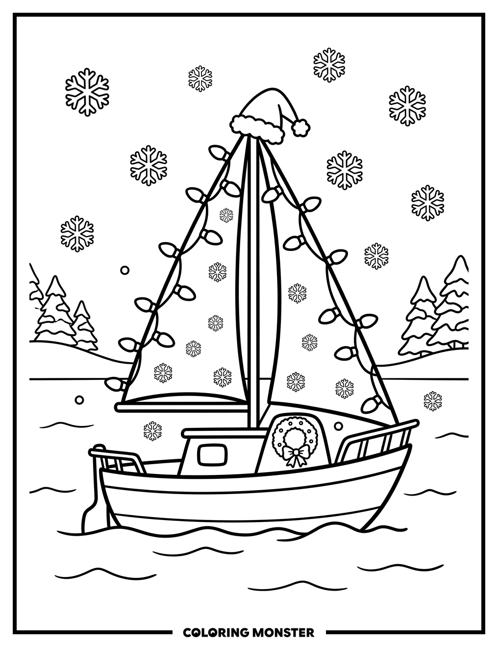 Christmas Sailboat in Snowy Sea Coloring Page