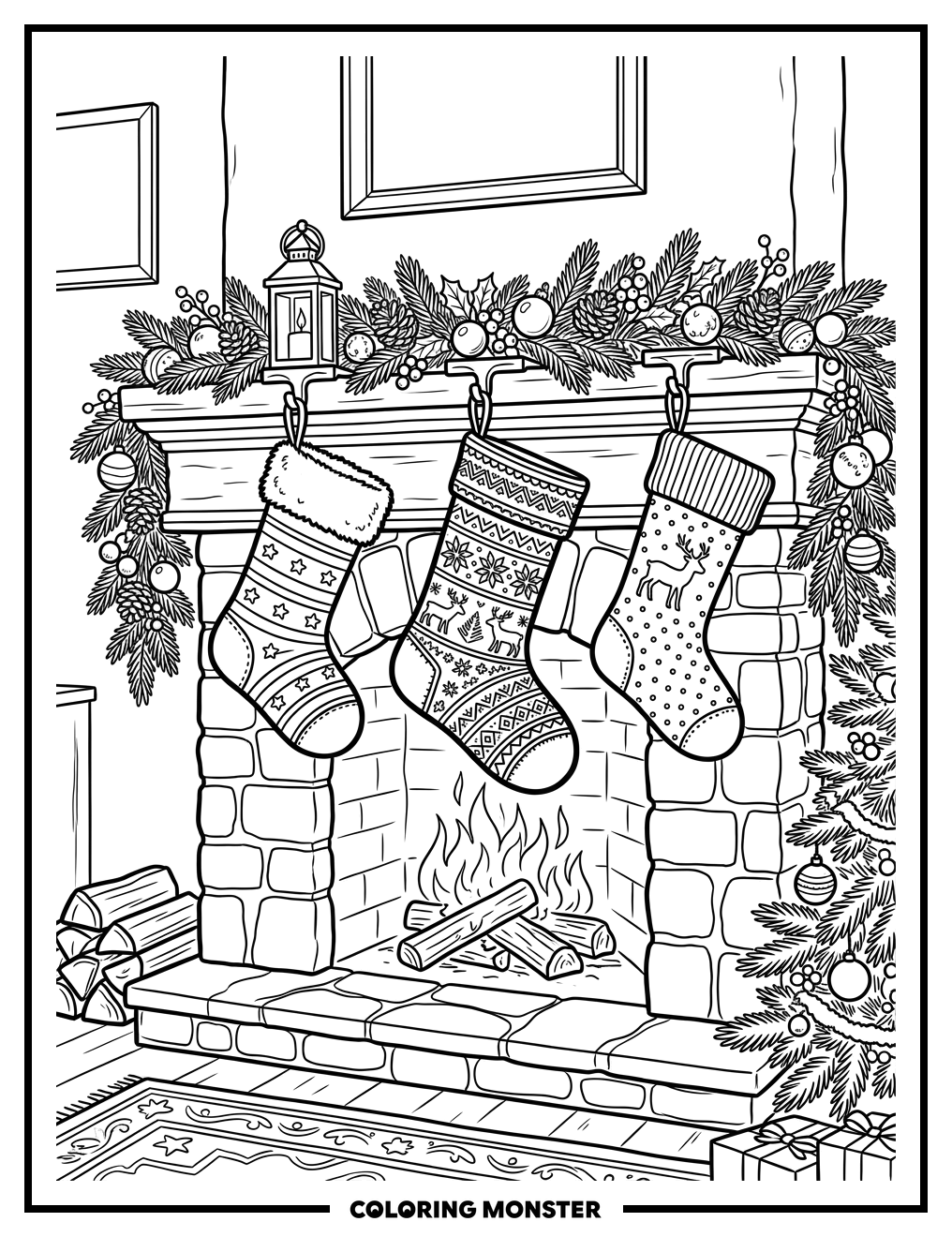 Christmas Stockings by the Fire Coloring Page
