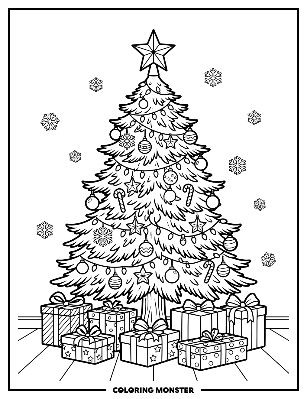 Christmas Tree and Presents Coloring Page