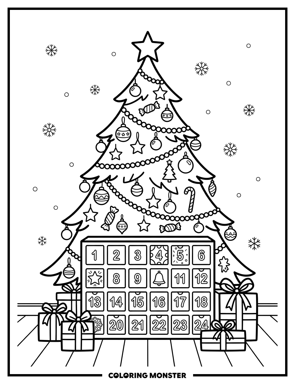 Christmas Tree With Advent Calendar Coloring Page