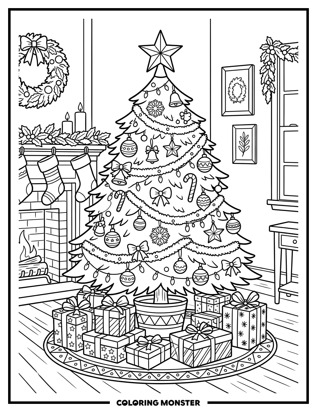 Christmas Tree with Presents Coloring Page