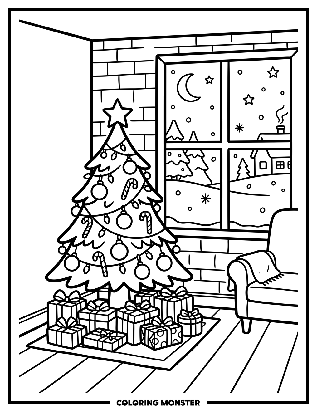 Christmas Tree with Presents Coloring Page