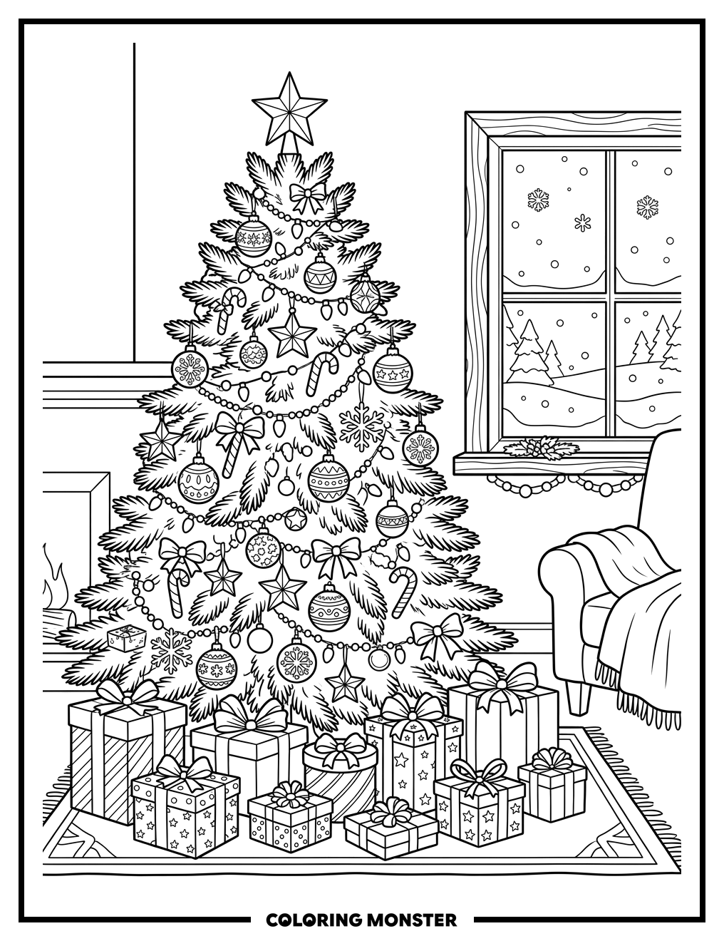 Christmas Tree with Presents and Snowflakes Coloring Page