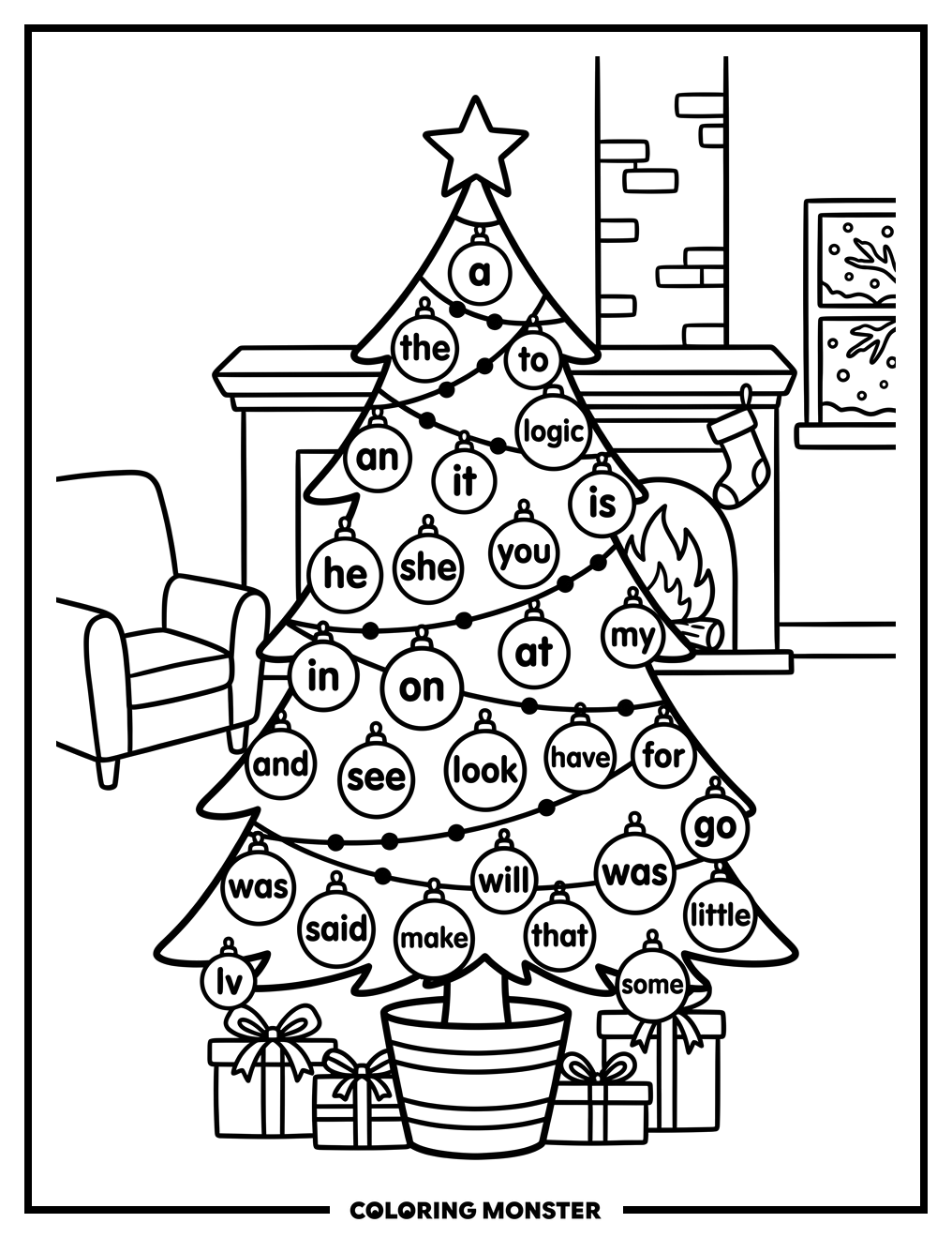 Christmas Tree With Sight Words Coloring Page