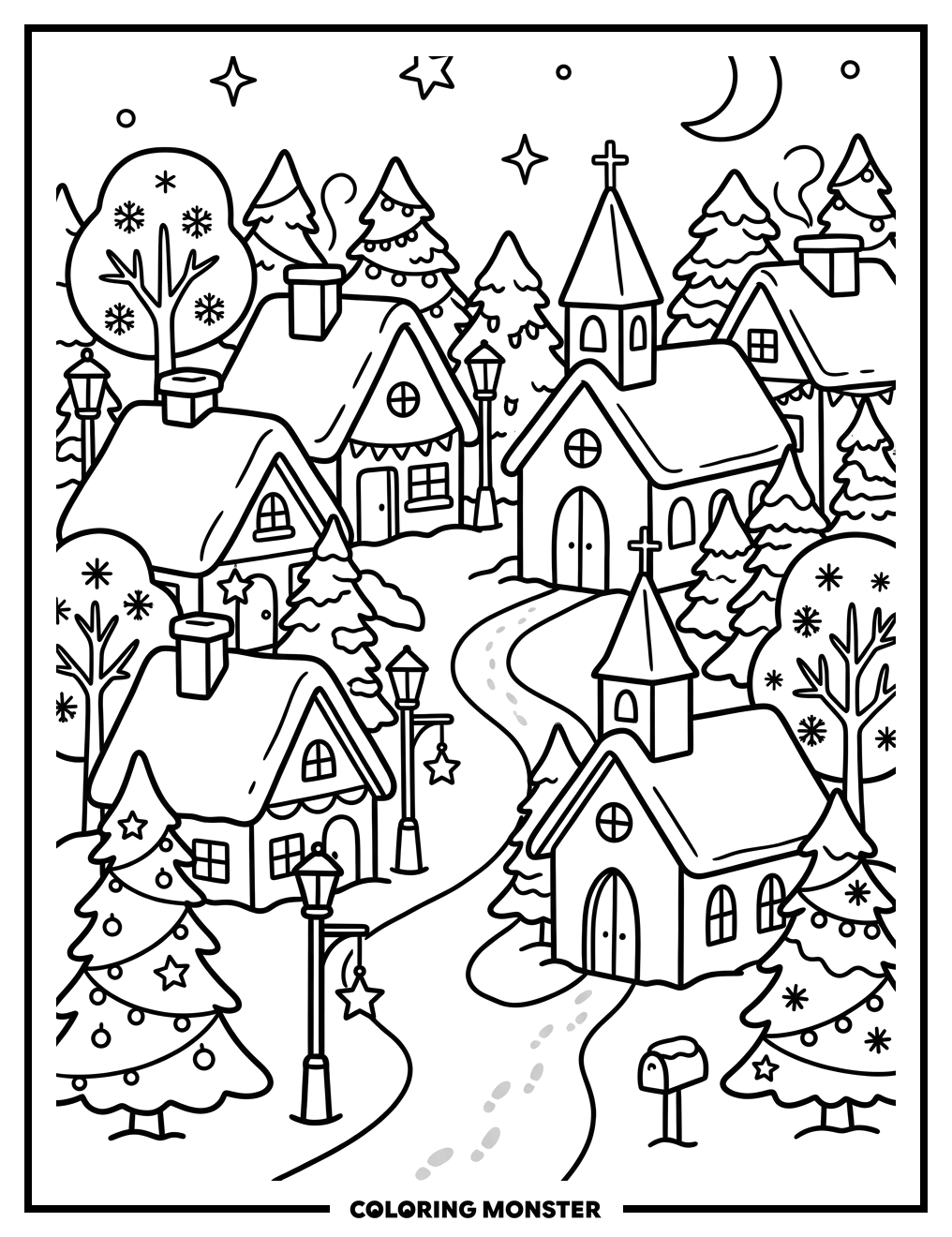 Christmas Village Scene Coloring Page