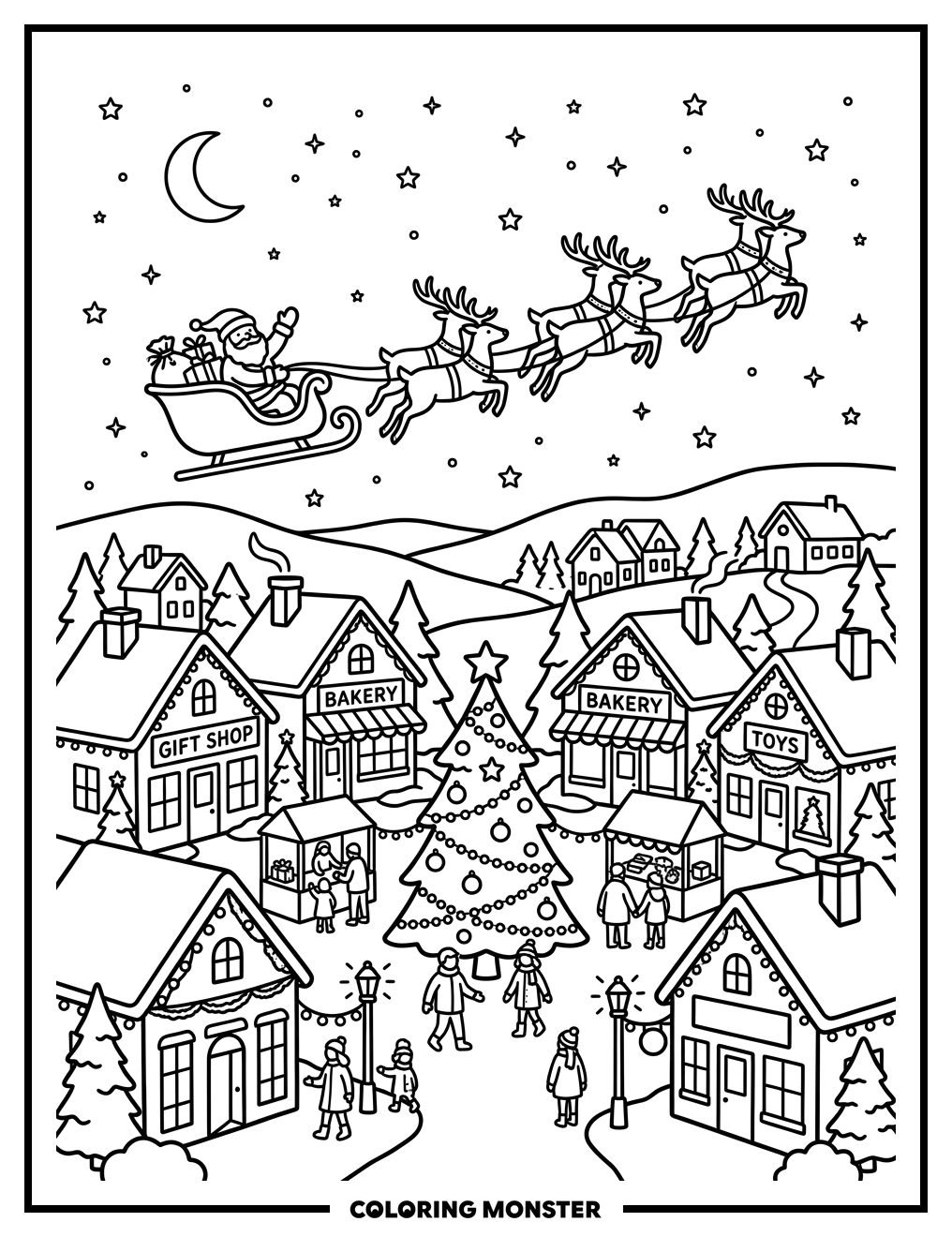 Christmas Village Square with Santa Coloring Page