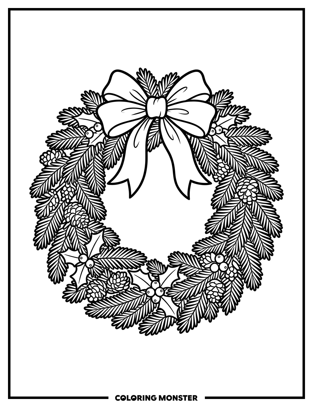 Christmas Wreath With Red Bow Coloring Page