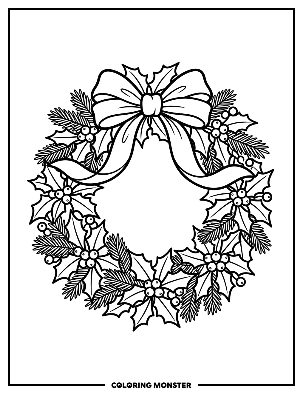 Christmas Wreath With Red Bow Coloring Page