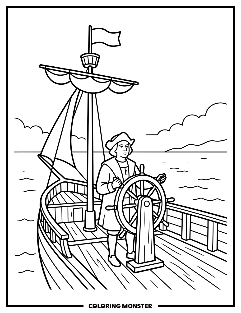 Christopher Columbus On Sailing Ship Coloring Page