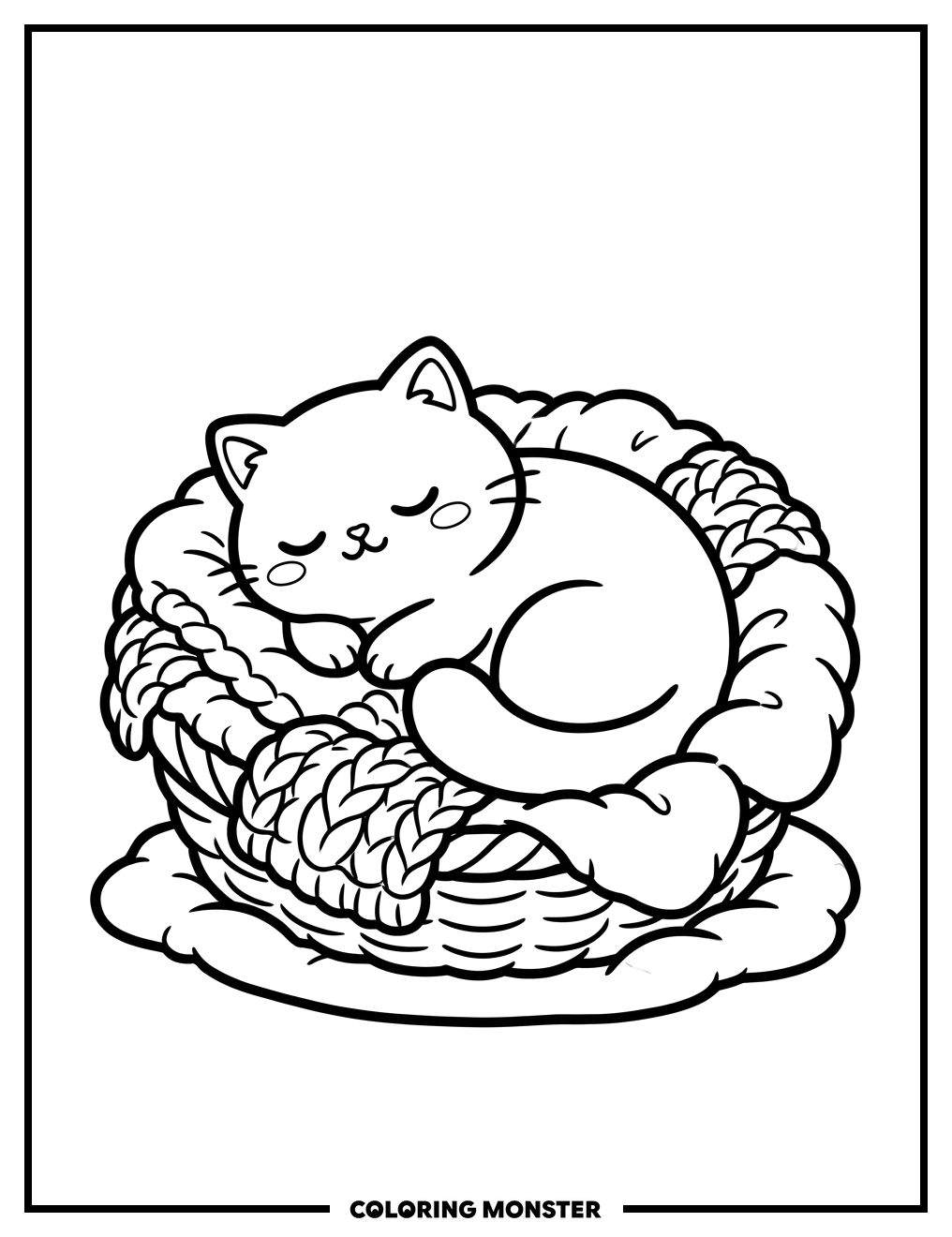 Chubby Cat Napping in a Basket Coloring Page