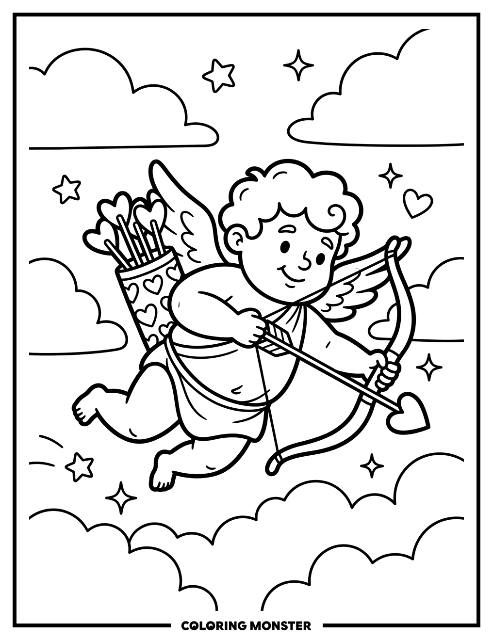Chubby Cupid Flying With Heart Arrows Coloring Page