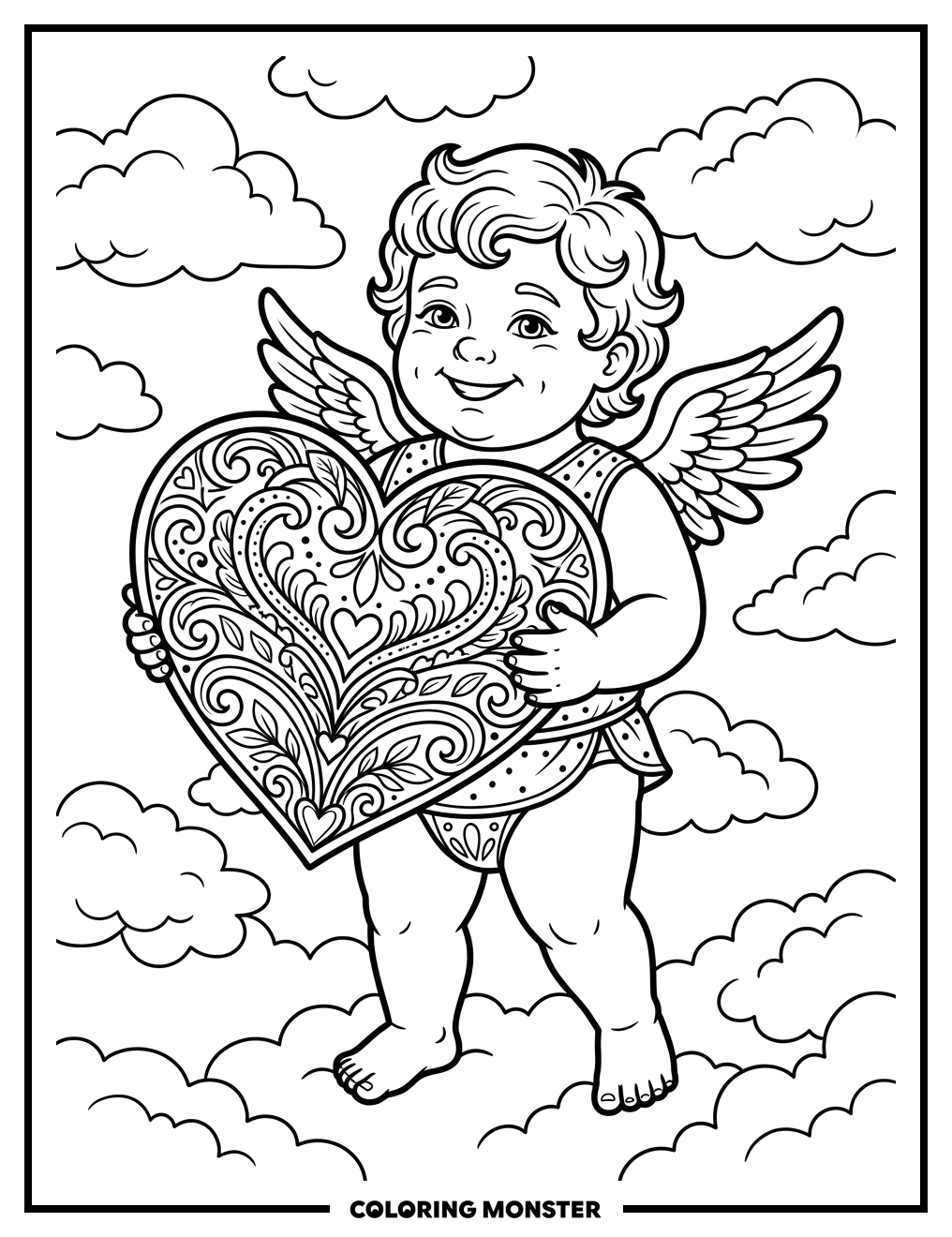 Chubby Cupid with Giant Heart Coloring Page