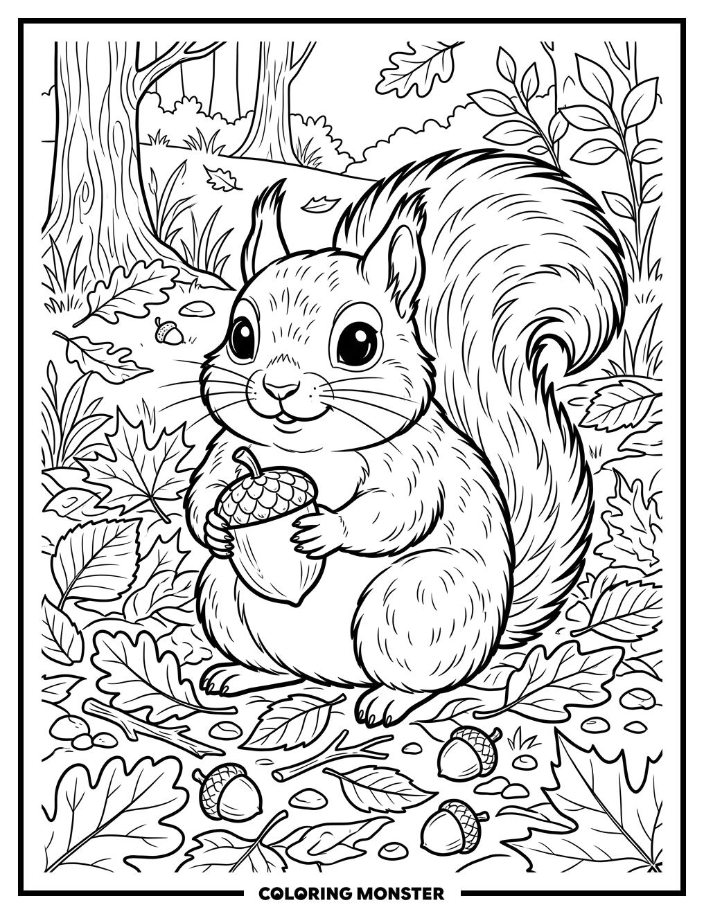 Chubby Squirrel With Acorn and Autumn Leaves Coloring Page