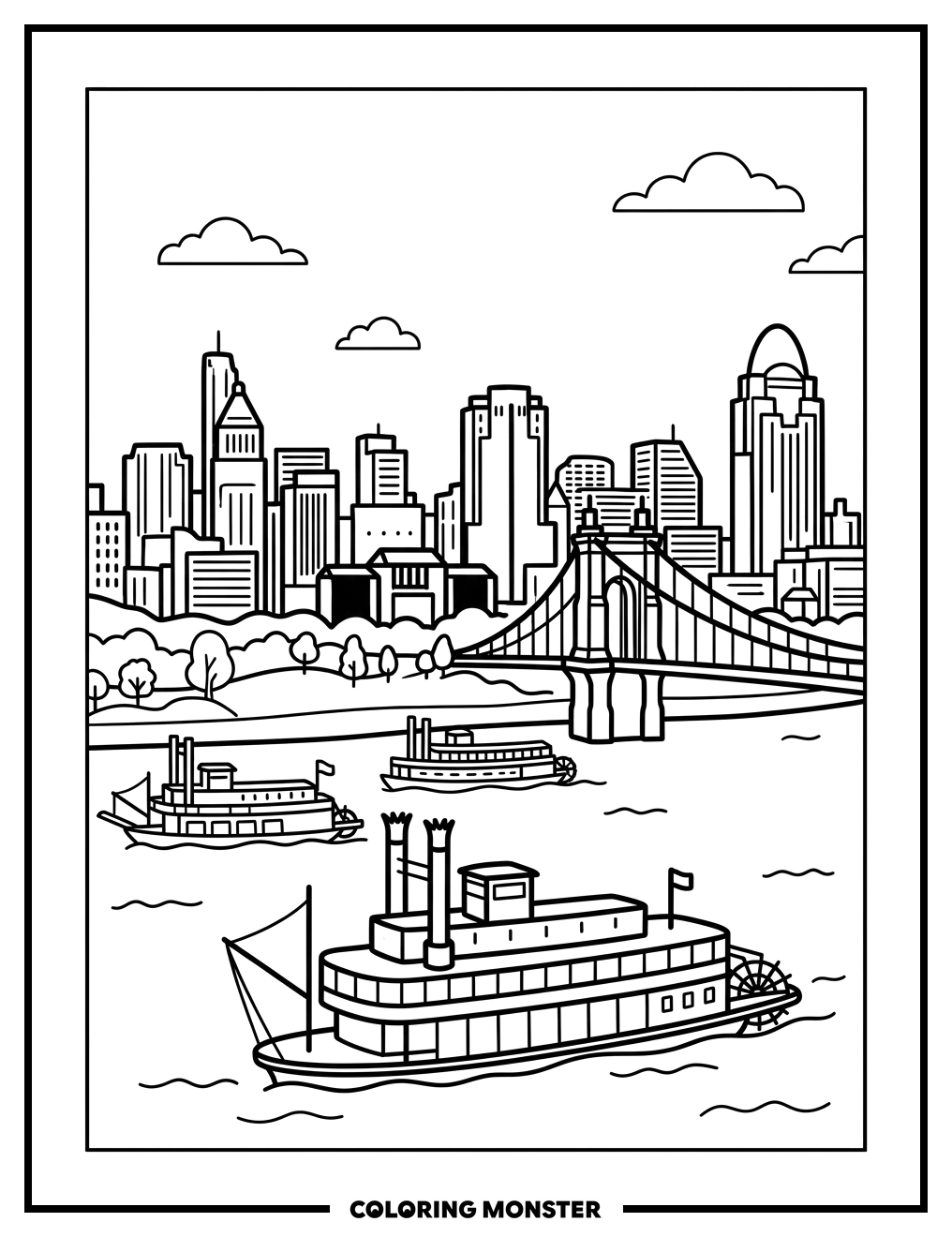 Cincinnati Skyline Riverboats Coloring Page