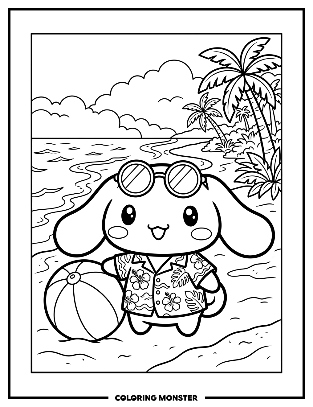 Cinnamoroll on Tropical Beach Coloring Page