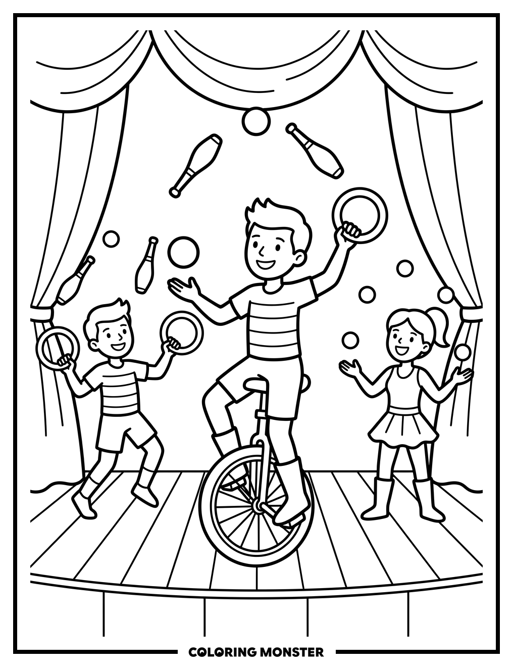 Circus Performers Juggling on Stage Coloring Page