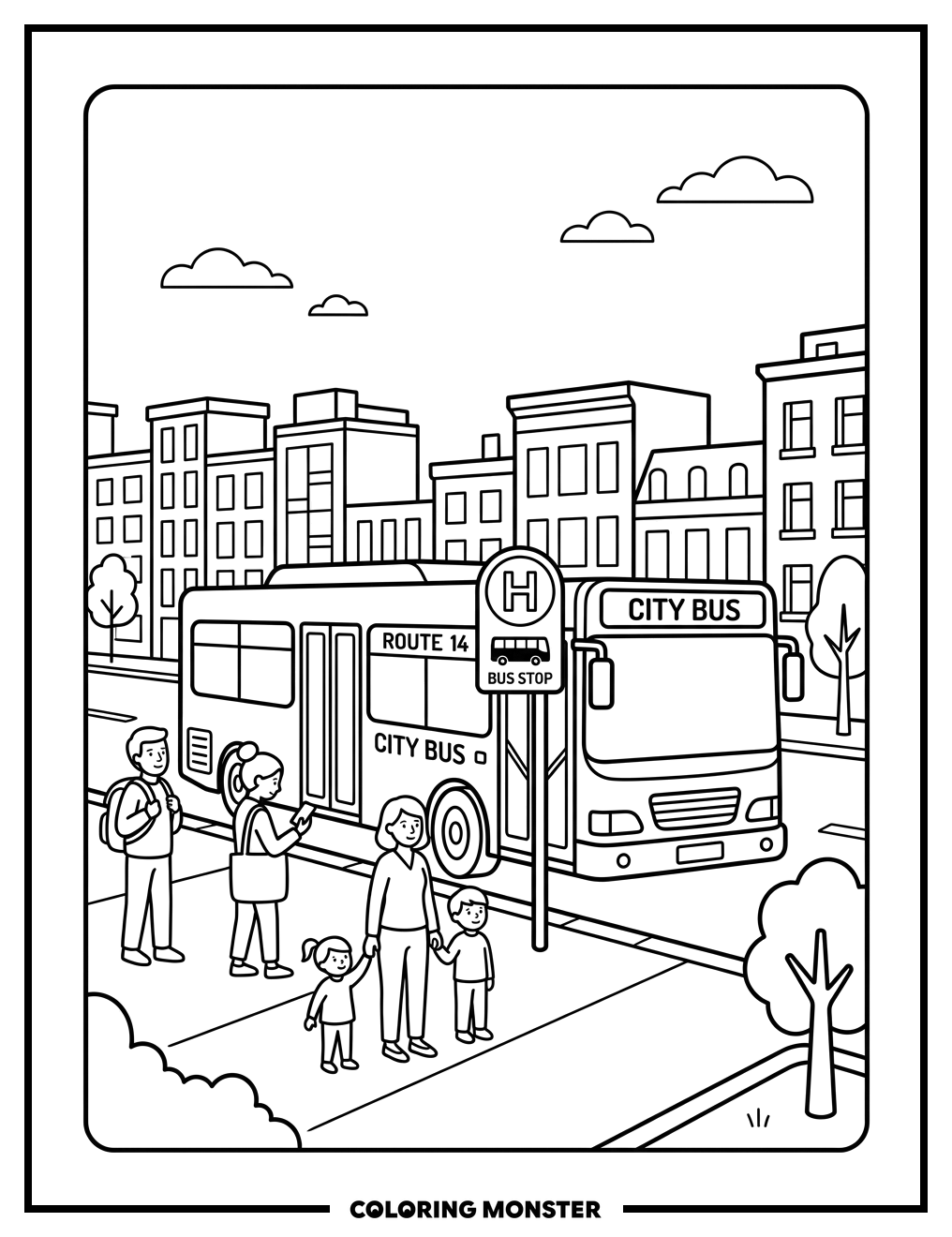City Bus at Bus Stop Coloring Page