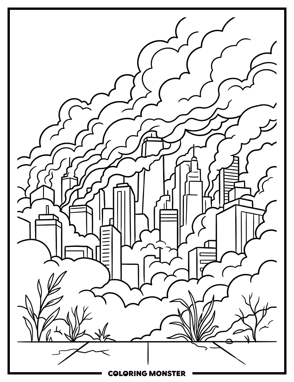 City Skyline Smoggy Day Coloring Page