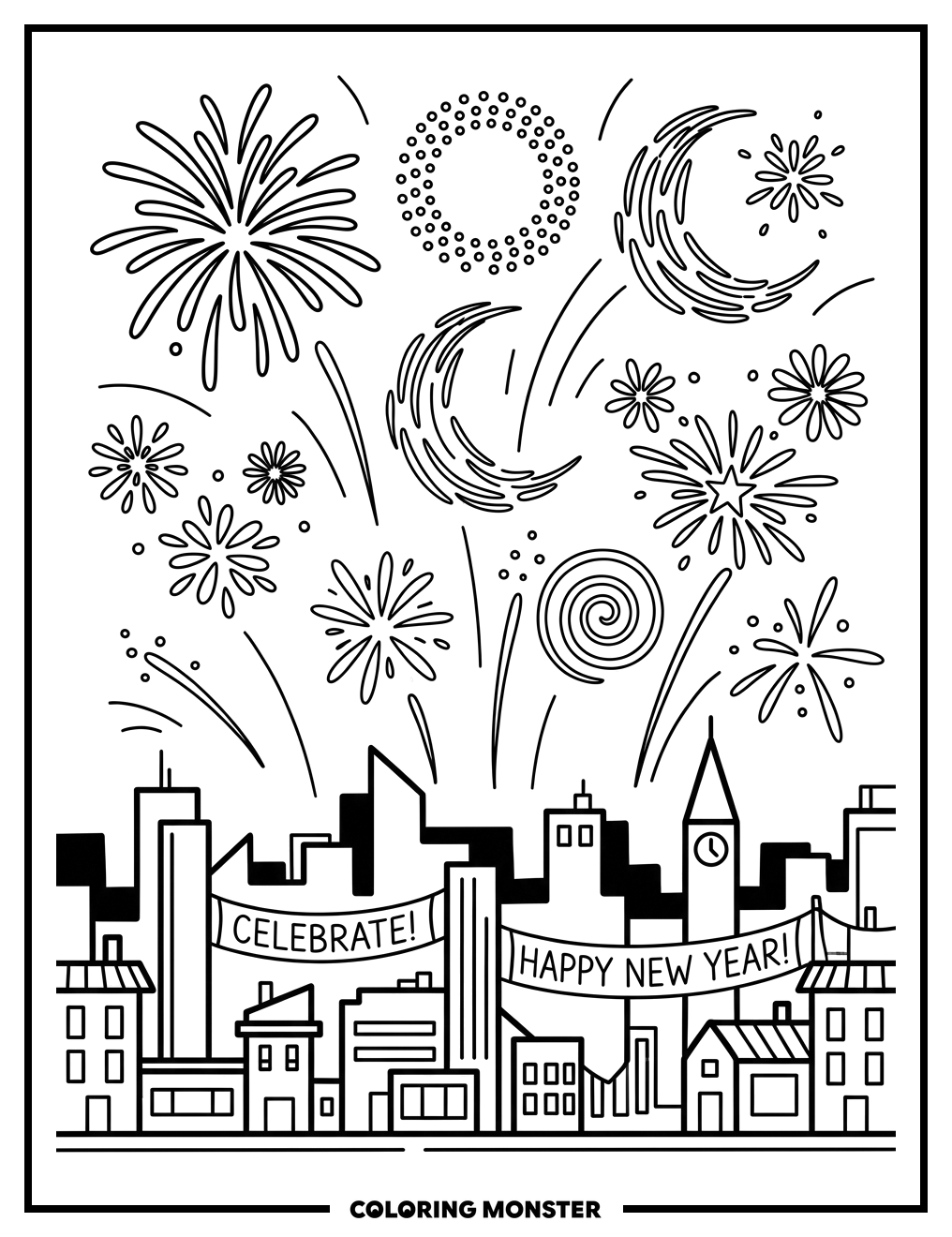 City Skyline Under Fireworks Coloring Page