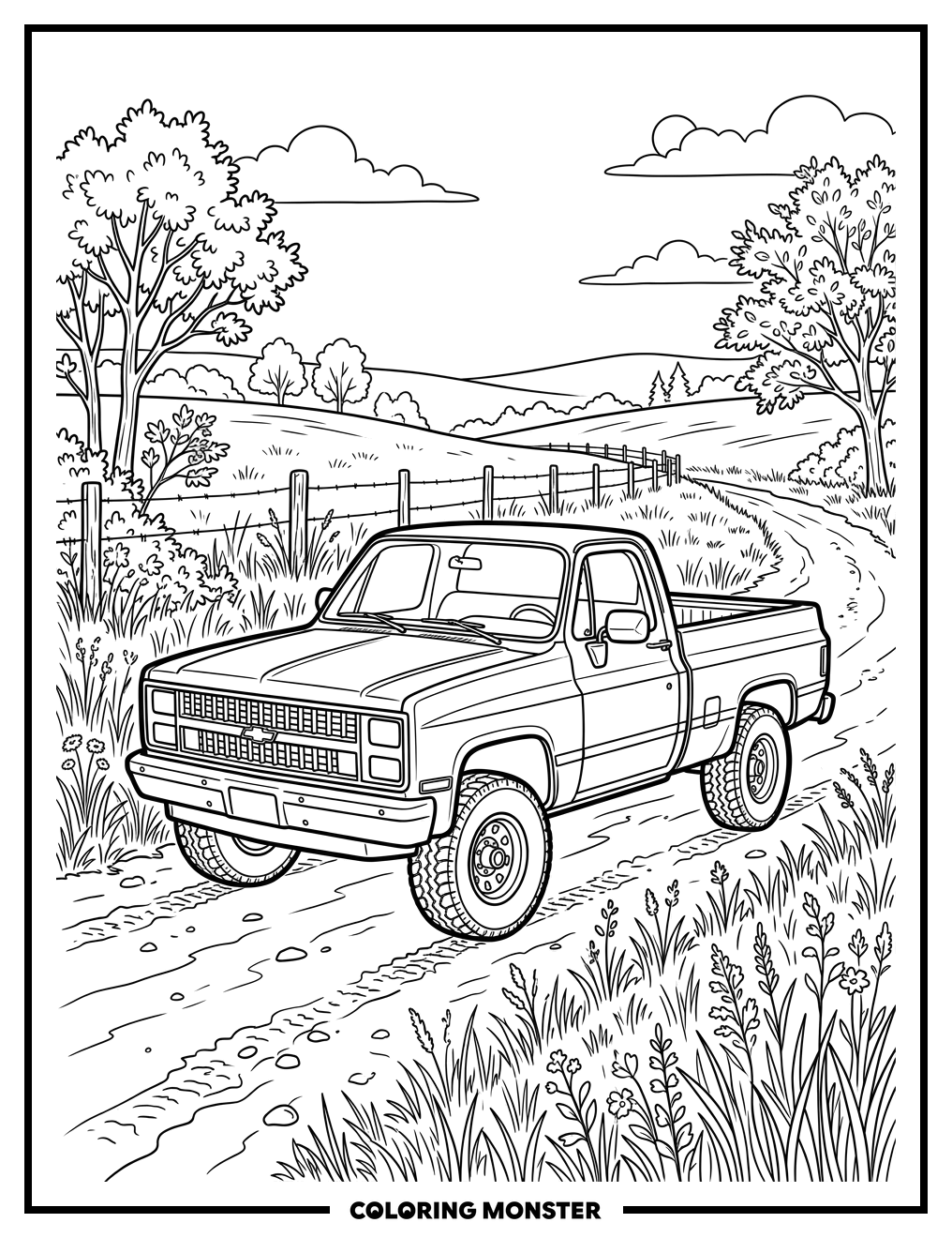 Classic Chevy Truck on Dirt Road Coloring Page