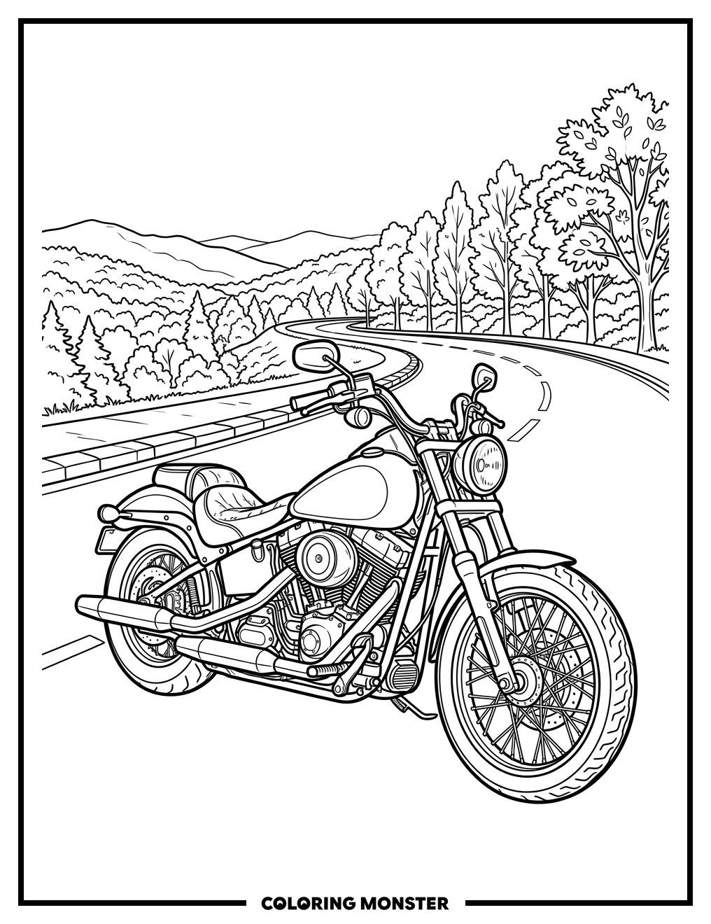 Classic Motorcycle on a Scenic Road Coloring Page