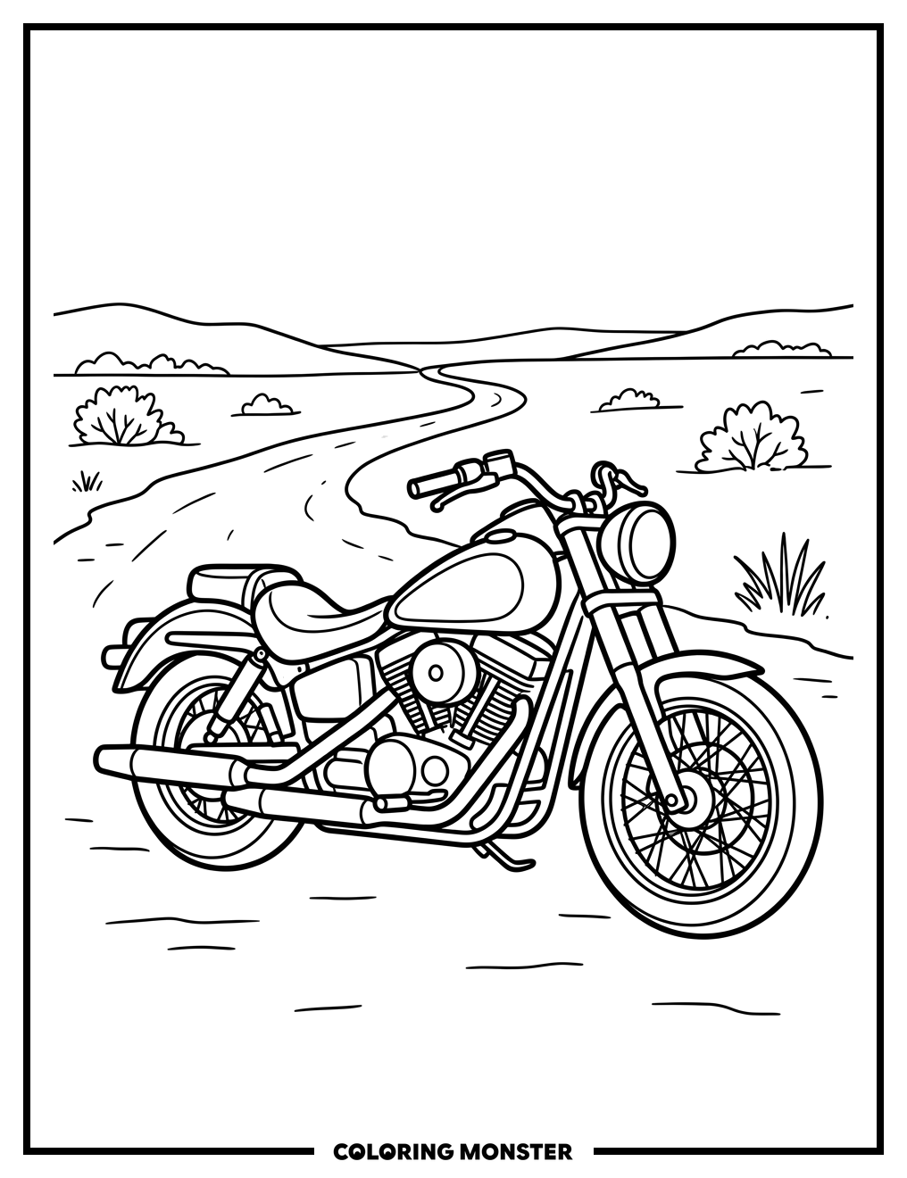 Classic Motorcycle on Dirt Road Coloring Page