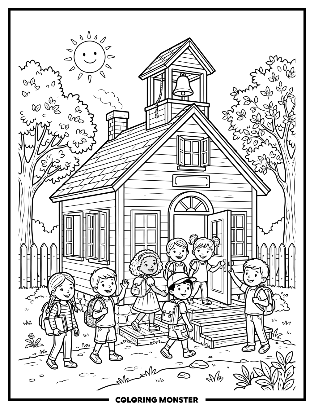 Classic Red Schoolhouse Welcomes Children Coloring Page
