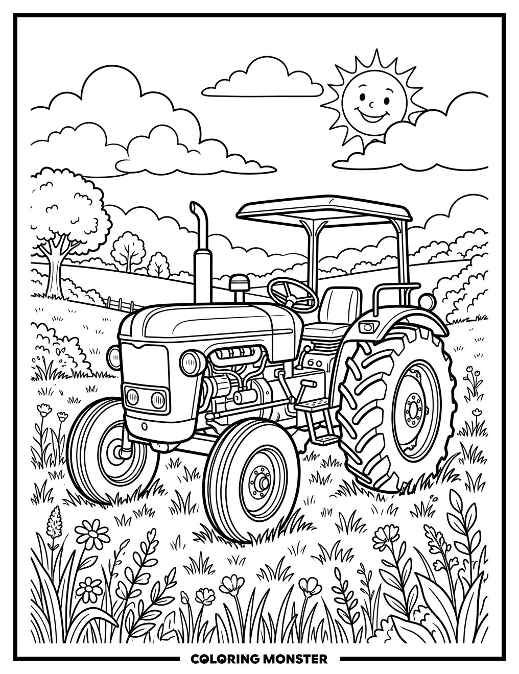 Classic Red Tractor in Sunny Field Coloring Page