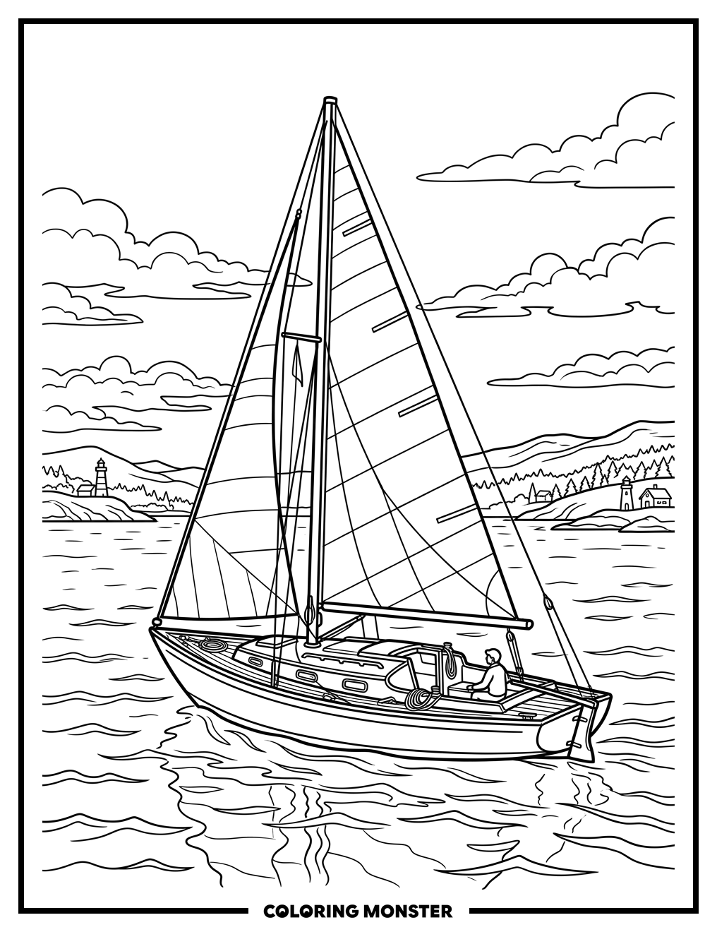 Classic Sailboat on Calm Water Coloring Page