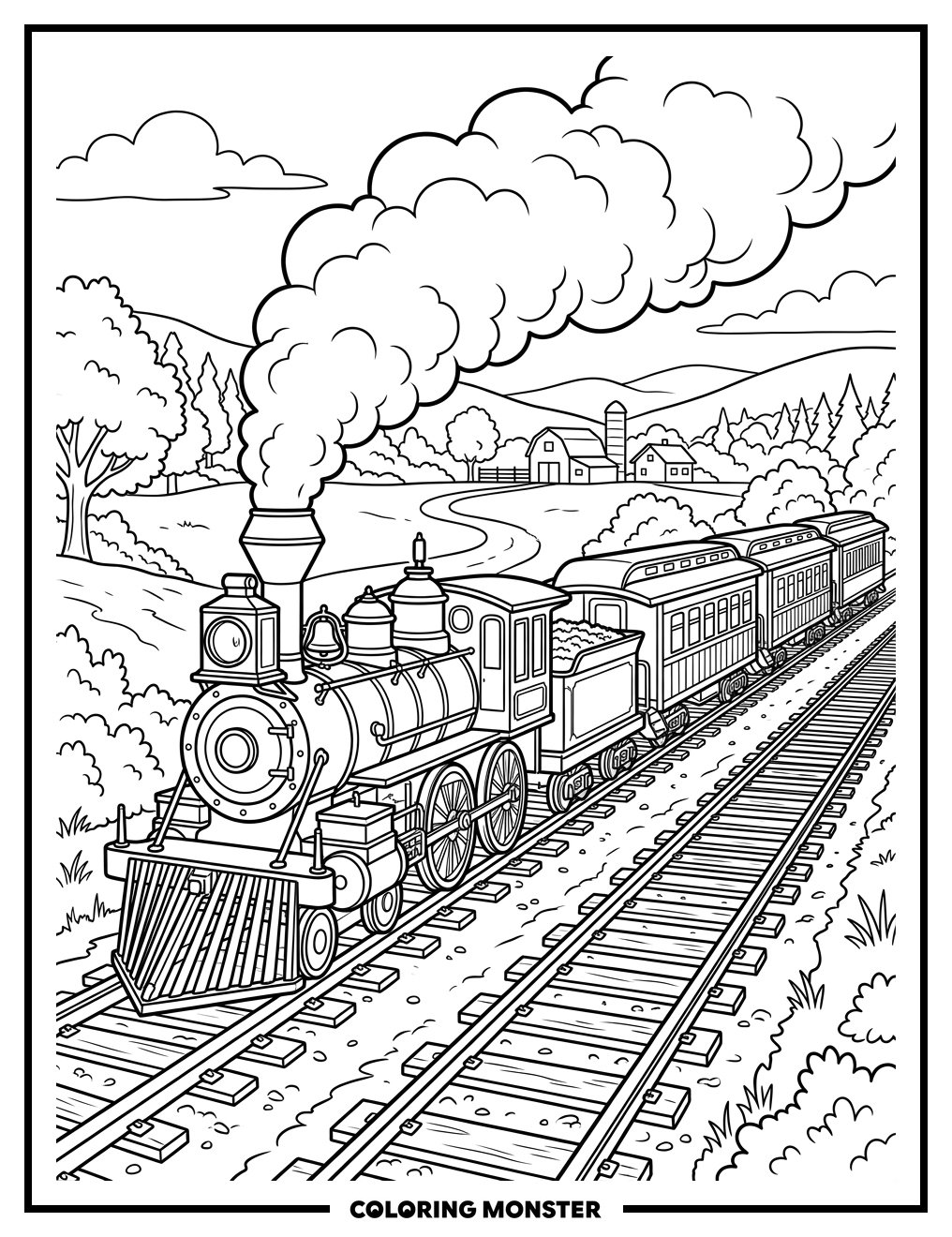 Classic Steam Train With Smoke Coloring Page