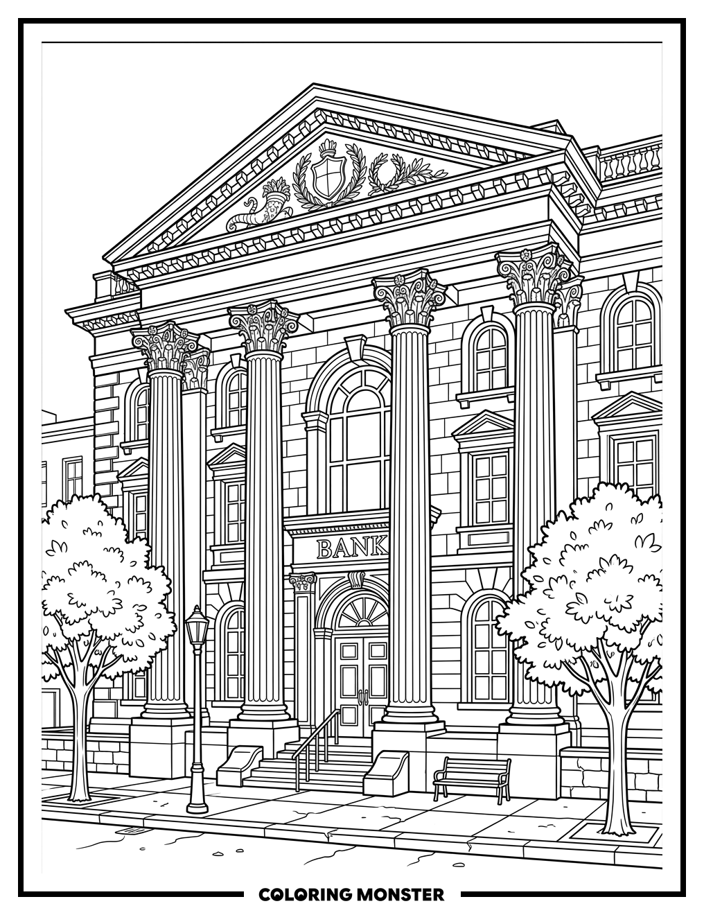 Classical Bank Building with Columns Coloring Page