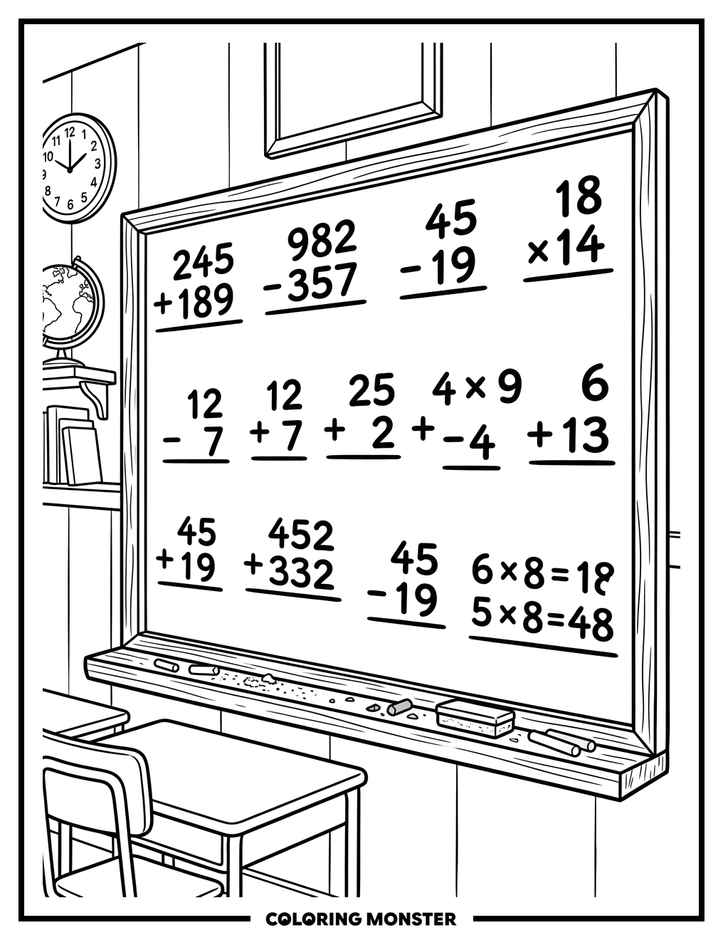 Classroom Blackboard Math Problems Coloring Page