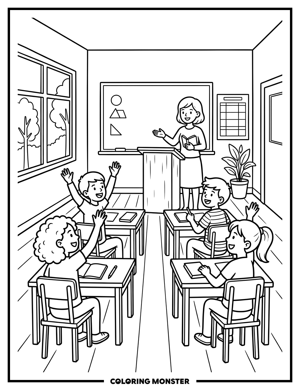 Classroom Scene With Eager Students Coloring Page