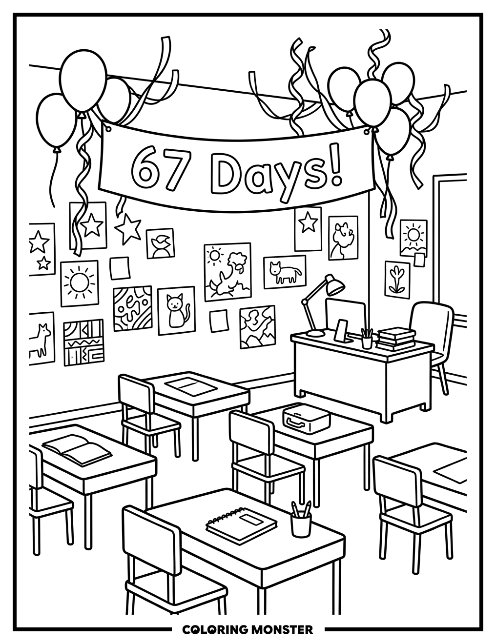 Classroom with Balloons and Banner Coloring Page