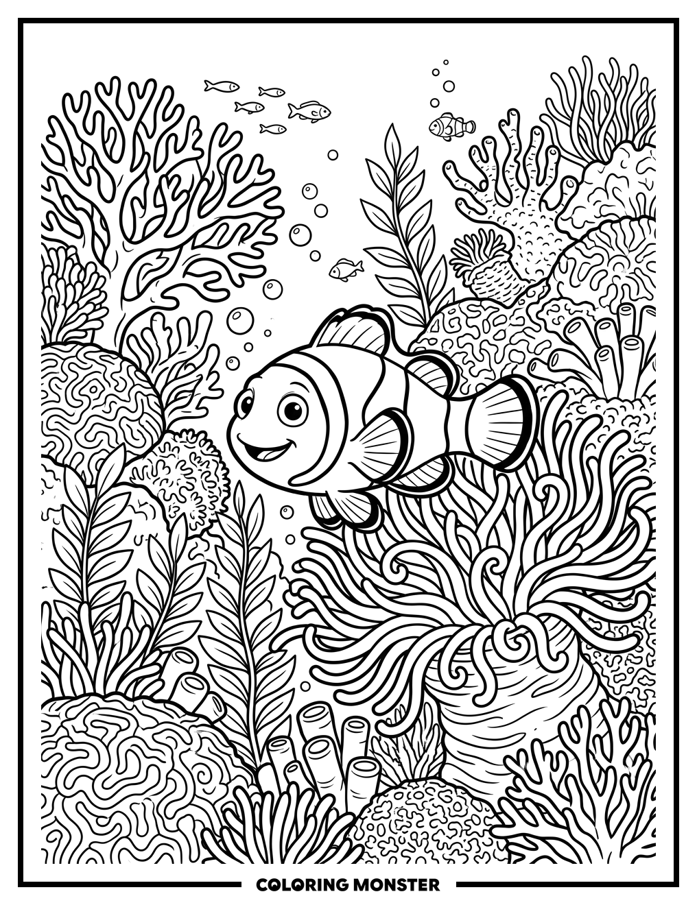 Clownfish In Coral Reef Coloring Page