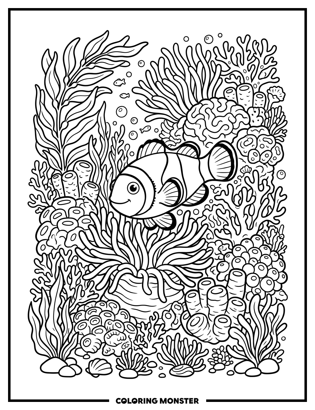 Clownfish in Coral Reef Coloring Page