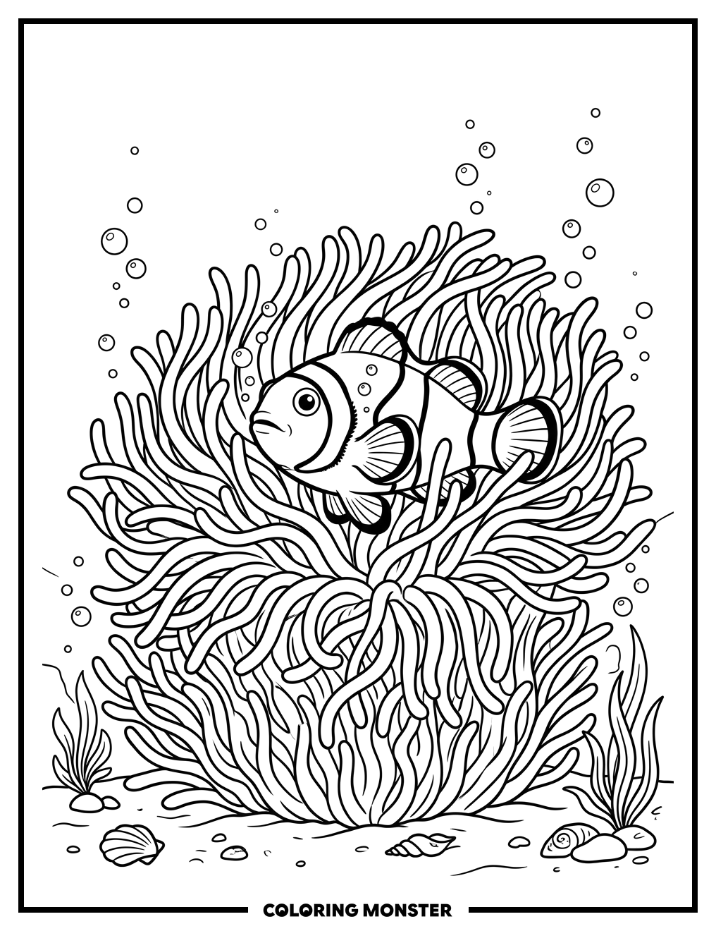 Clownfish in Sea Anemone Coloring Page