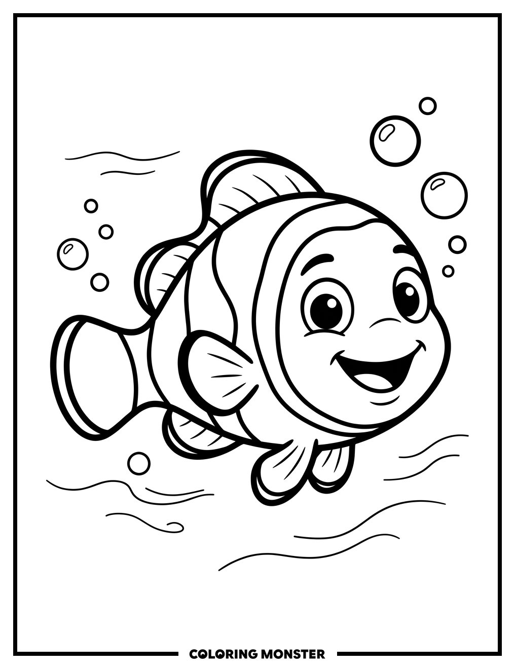 Clownfish Swimming Among Bubbles Coloring Page