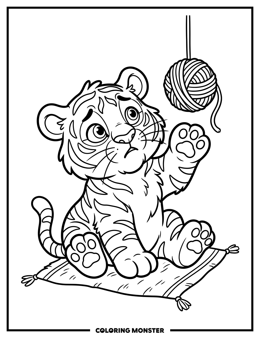 Clumsy Tiger Cub Playing With Yarn Coloring Page
