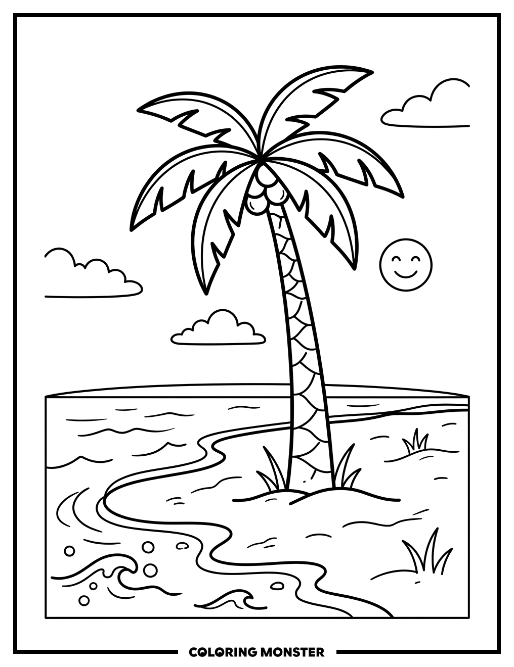 Coconut Palm Tree on Beach Coloring Page