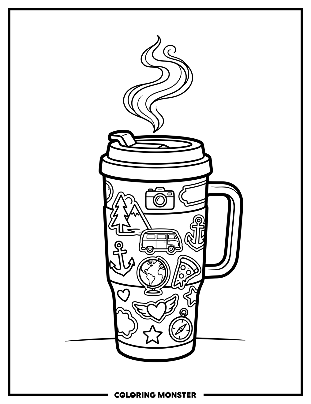 Coffee Travel Mug With Stickers Coloring Page