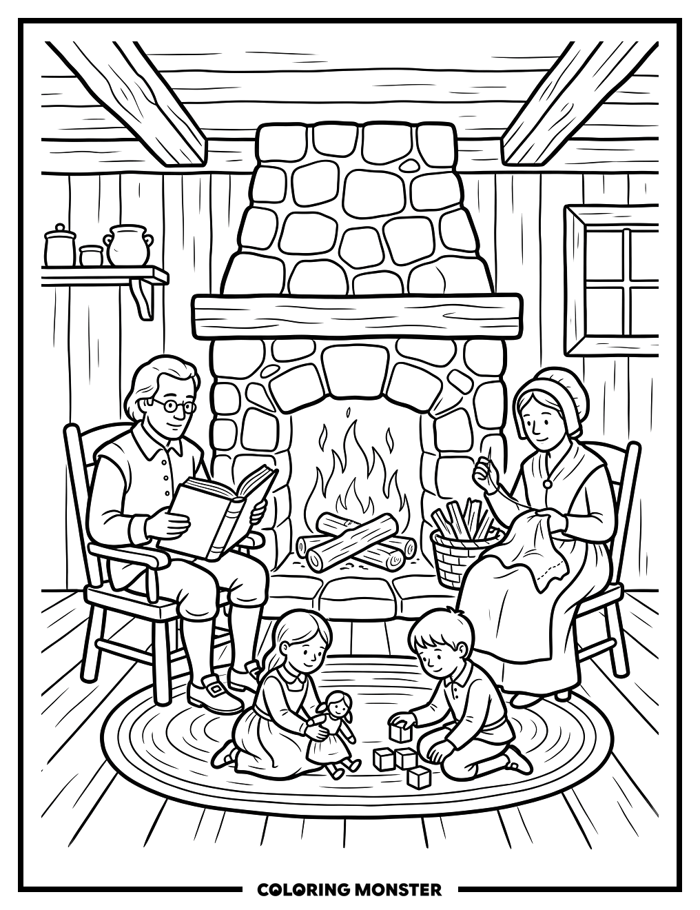 Colonial Family by the Fireplace Coloring Page