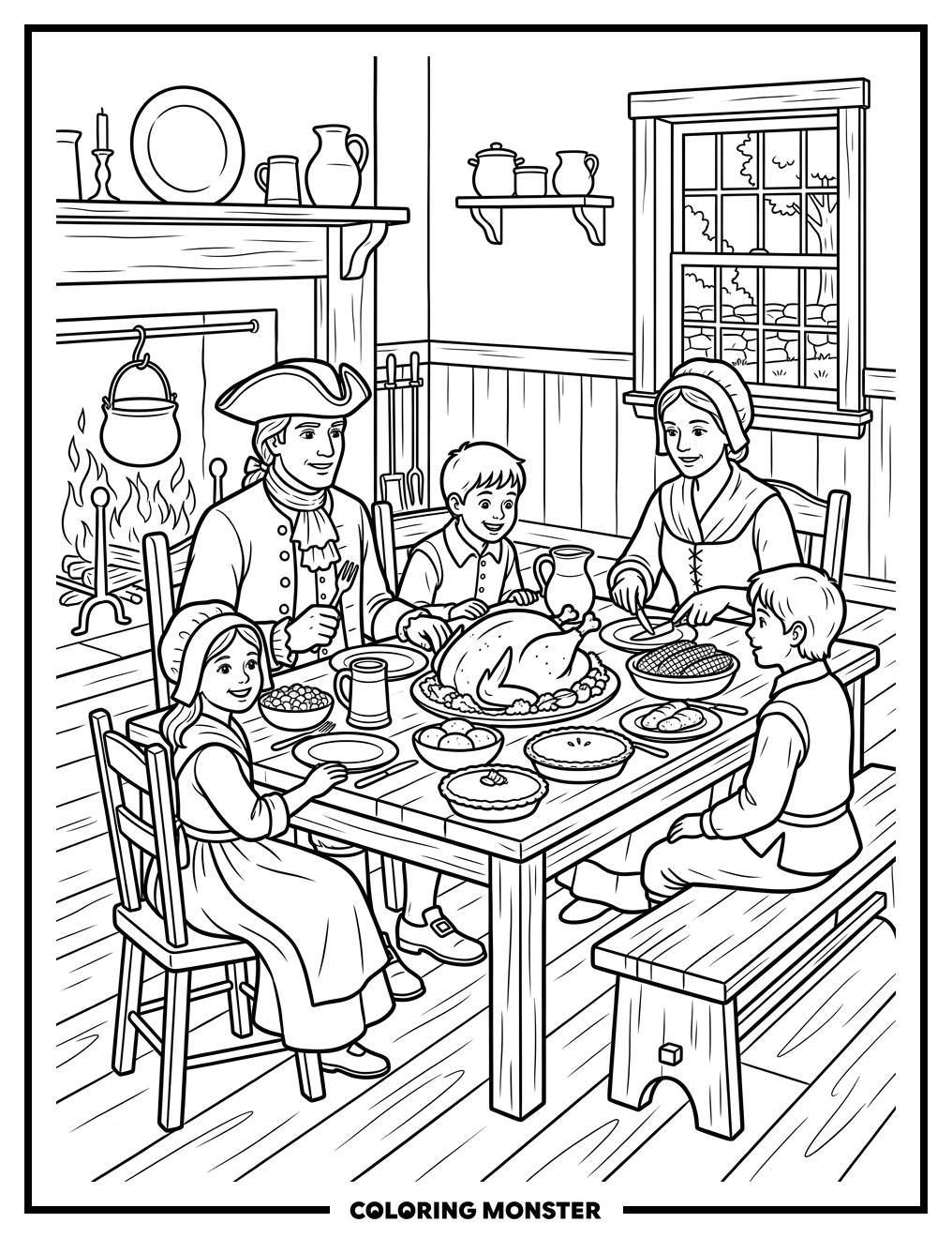 Colonial Family Thanksgiving Feast Coloring Page